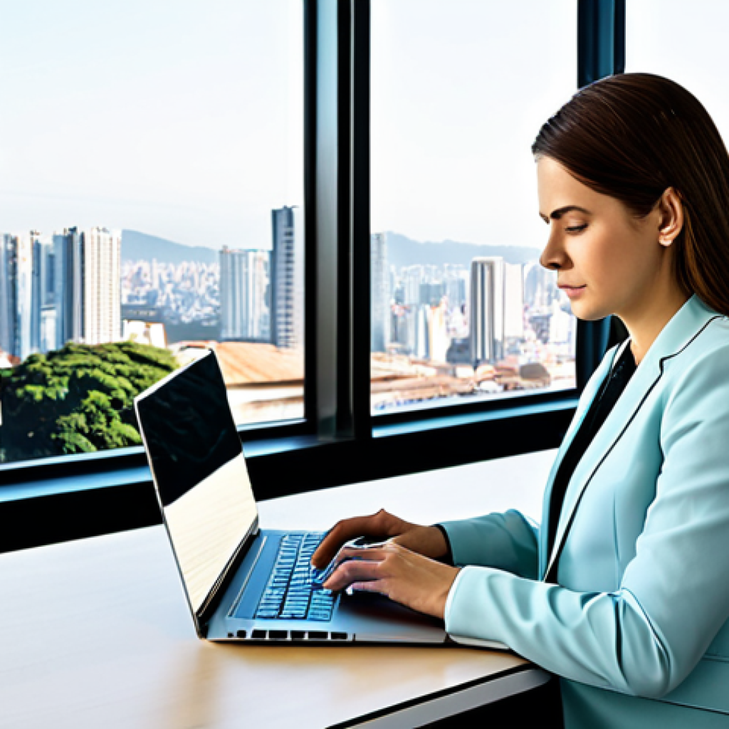 **
"A professional businesswoman in a modest business suit, working on a laptop in a bright, modern office with a view of São Paulo. Fully clothed, appropriate attire, safe for work, perfect anatomy, natural proportions, professional photography, high quality."
**