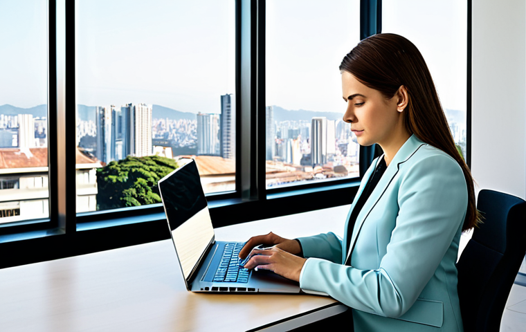 **
"A professional businesswoman in a modest business suit, working on a laptop in a bright, modern office with a view of São Paulo. Fully clothed, appropriate attire, safe for work, perfect anatomy, natural proportions, professional photography, high quality."
**