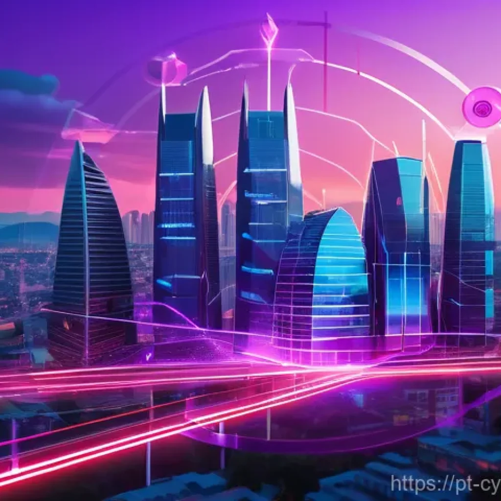 사이버 보안 규정 준수와 사이버 공격 방어 - **Prompt:** A stylized, high-tech illustration depicting a modern Portuguese city skyline at dusk, w...