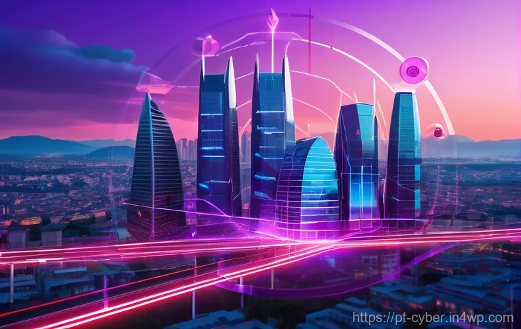 사이버 보안 규정 준수와 사이버 공격 방어 - **Prompt:** A stylized, high-tech illustration depicting a modern Portuguese city skyline at dusk, w...