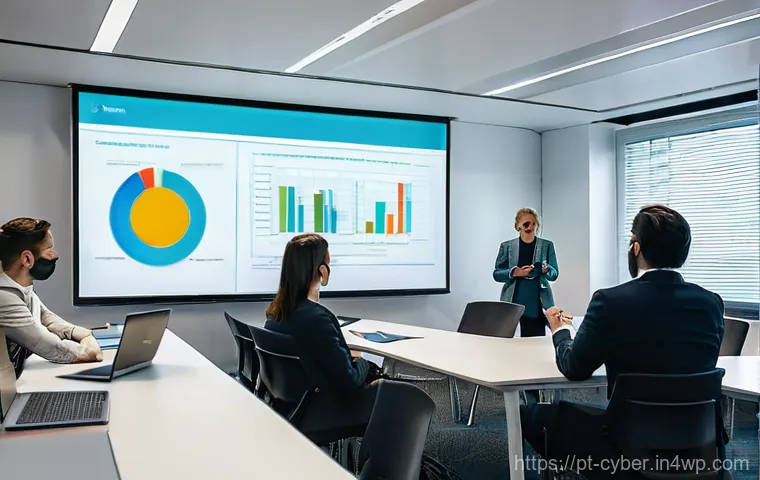 사이버 보안 규정 준수 교육 프로그램의 필요성 - **Prompt:** A group of diverse Portuguese business leaders and managers (a mix of male and female, a...