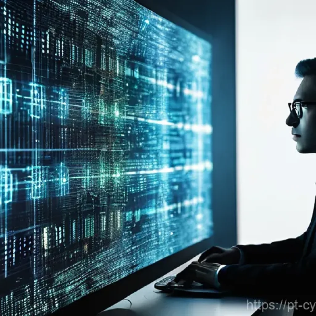 사이버 보안 규정 준수를 위한 위험 평가 절차 - **AI Hacking - The Invisible Threat:** A professional in a modern, well-lit office environment, focu...