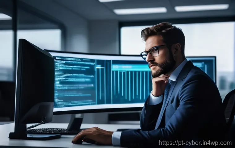 사이버 보안 규정 준수를 위한 위험 평가 절차 - **AI Hacking - The Invisible Threat:** A professional in a modern, well-lit office environment, focu...