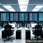 Home 20 사이버 보안 규정 준수 및 데이터 처리 계약 - A modern corporate office setting with diverse professionals collaborating on data security protocol...