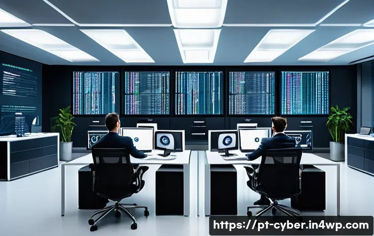 사이버 보안 규정 준수 및 데이터 처리 계약 - A modern corporate office setting with diverse professionals collaborating on data security protocol...