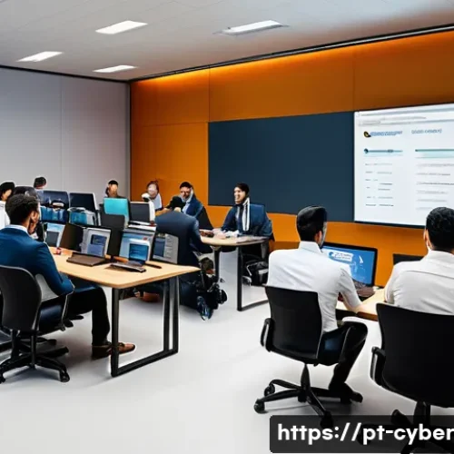 Home 30 사이버 보안 규정 준수와 접근 통제 - A modern corporate office setting in São Paulo, Brazil, showing a diverse group of professionals att...