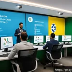 Home 23 사이버 보안 규정 준수 관련 주요 용어 정리 - A modern Brazilian corporate office environment with diverse employees engaged in a cybersecurity tr...