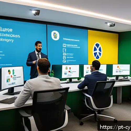 Home 17 사이버 보안 규정 준수 관련 주요 용어 정리 - A modern Brazilian corporate office environment with diverse employees engaged in a cybersecurity tr...