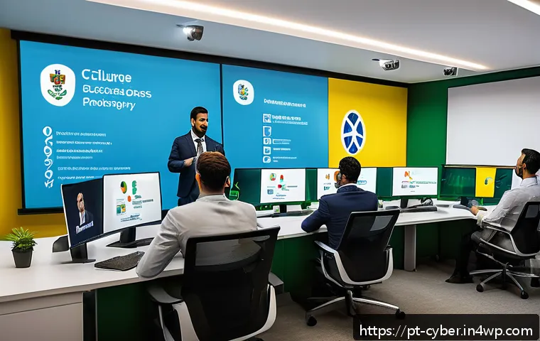 사이버 보안 규정 준수 관련 주요 용어 정리 - A modern Brazilian corporate office environment with diverse employees engaged in a cybersecurity tr...