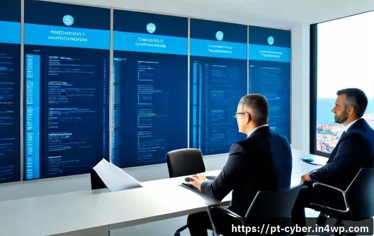 Home 17 사이버 보안 규정 준수의 경영 전략 - Photorealistic executive cybersecurity compliance strategy meeting in a modern Lisbon office, divers...